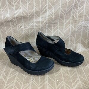 Fly London Womens 9 9.5 EU 40 Yaki Black Suede Mary Jane‎ Wedge Comfort